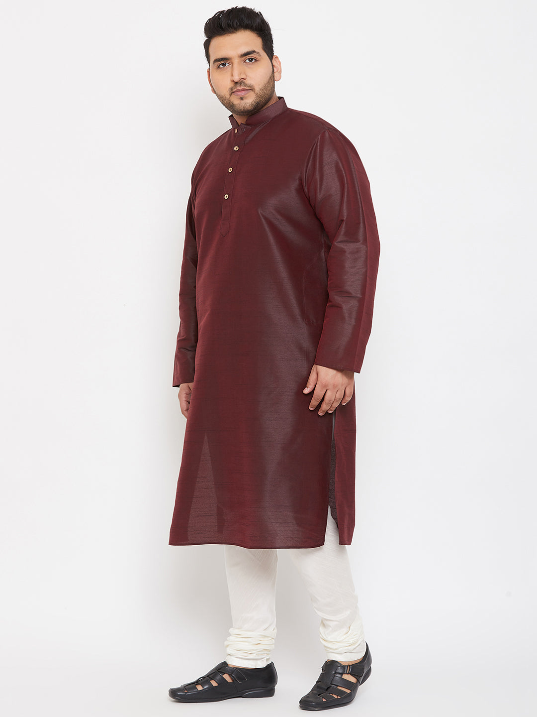Men's Plus Size Wine Silk Blend Kurta Pyjama Set