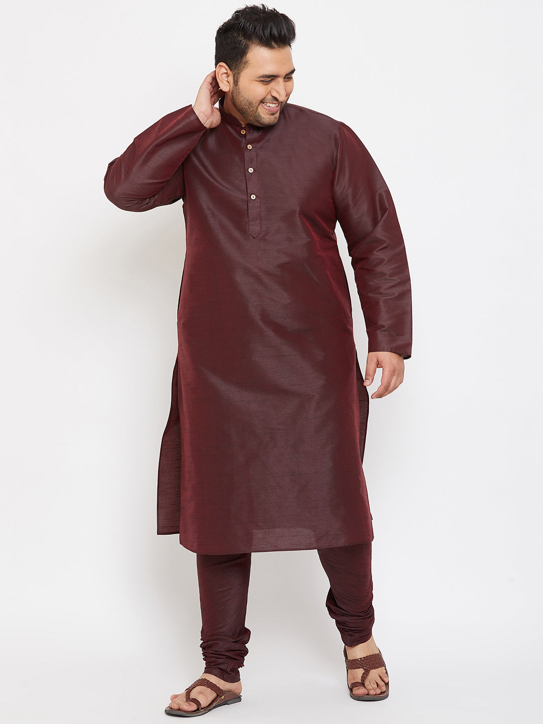 Men's Plus Size Wine Silk Blend Kurta Pyjama Set