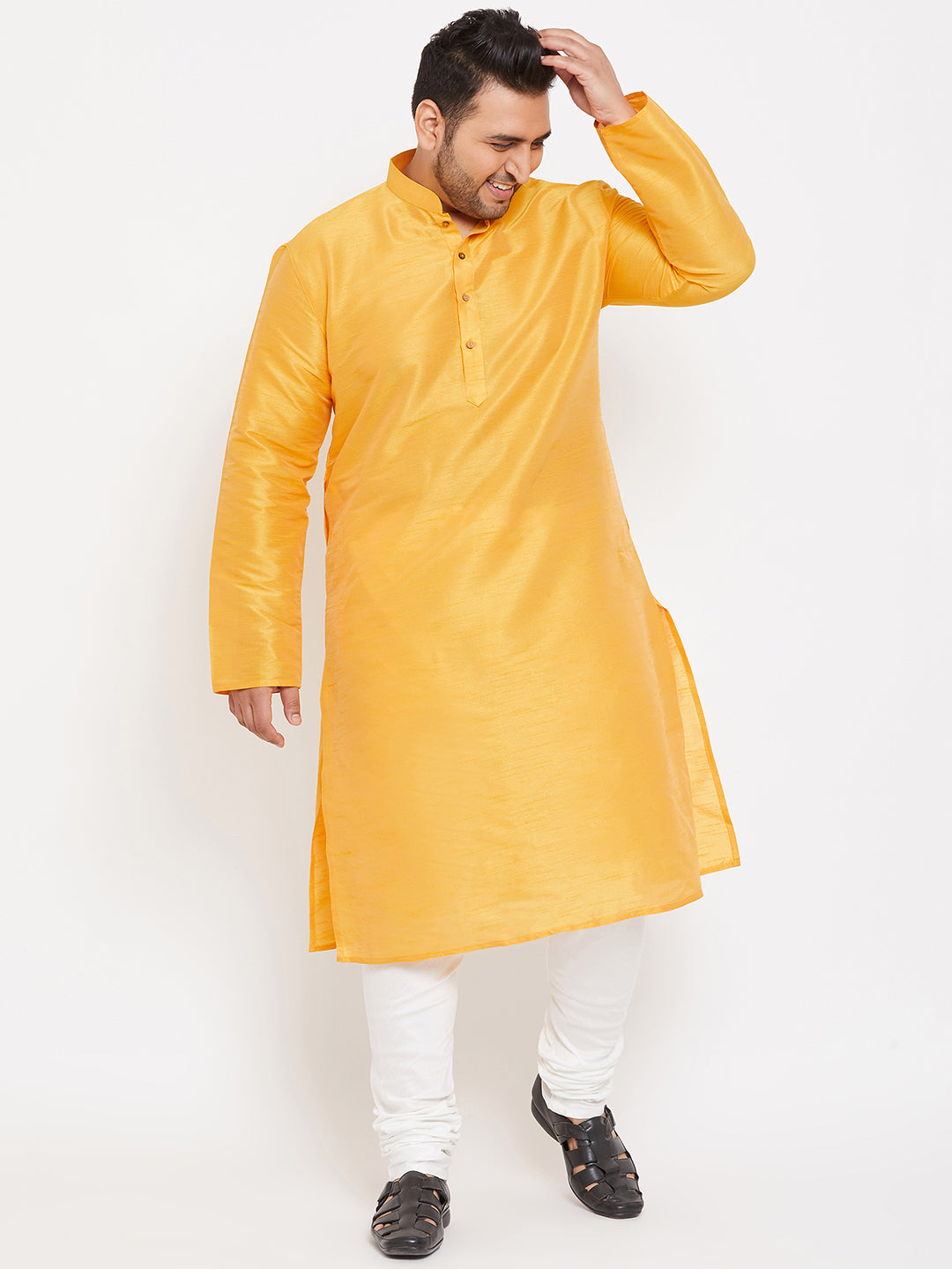Men's Plus Size Yellow Silk Blend Kurta Pyjama Set