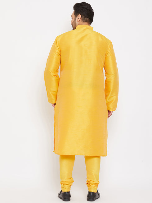 Men's Plus Size Yellow Silk Blend Kurta Pyjama Set