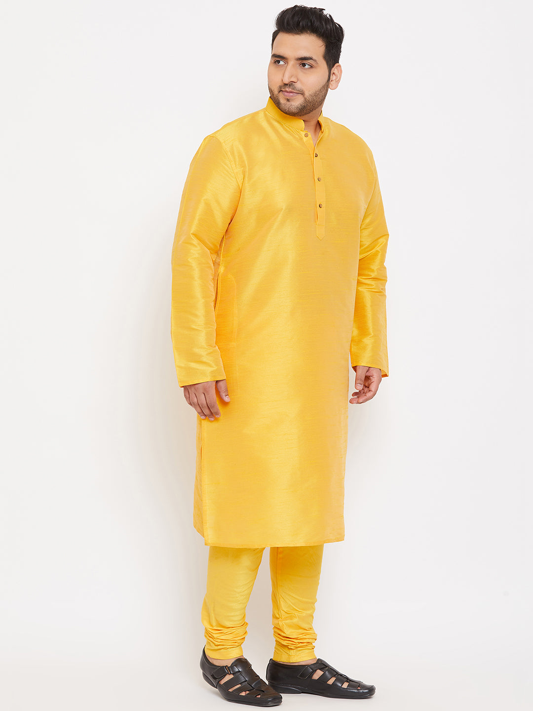 Men's Plus Size Yellow Silk Blend Kurta Pyjama Set