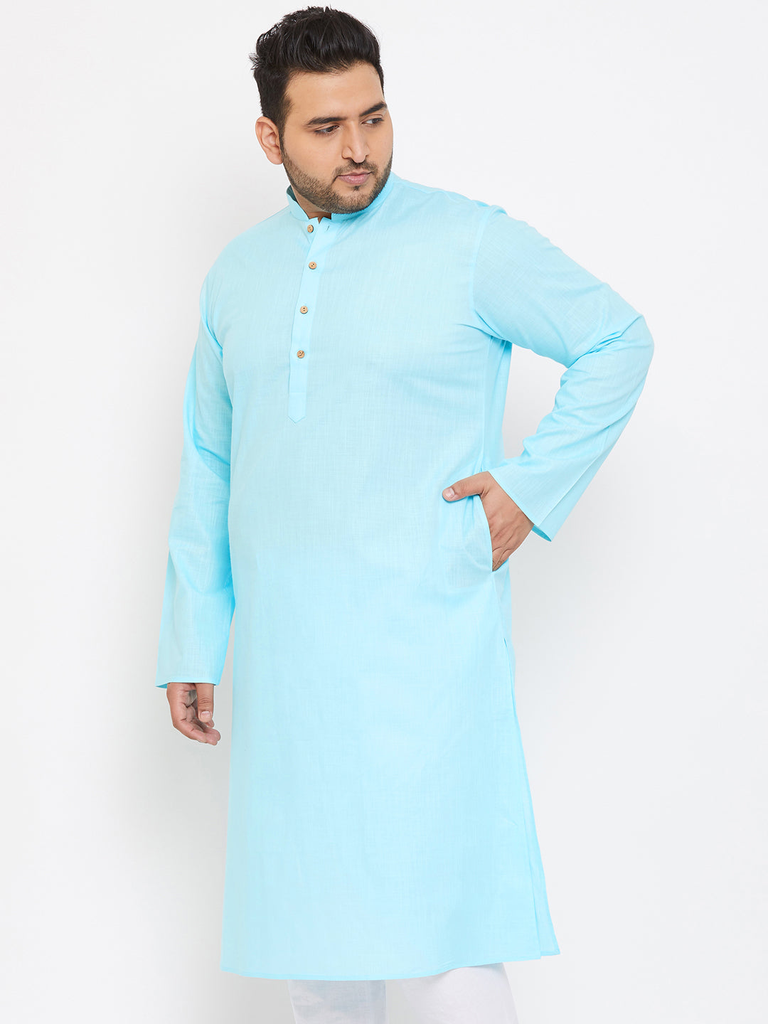 Men's Plus Size Aqua Blue Cotton Kurta