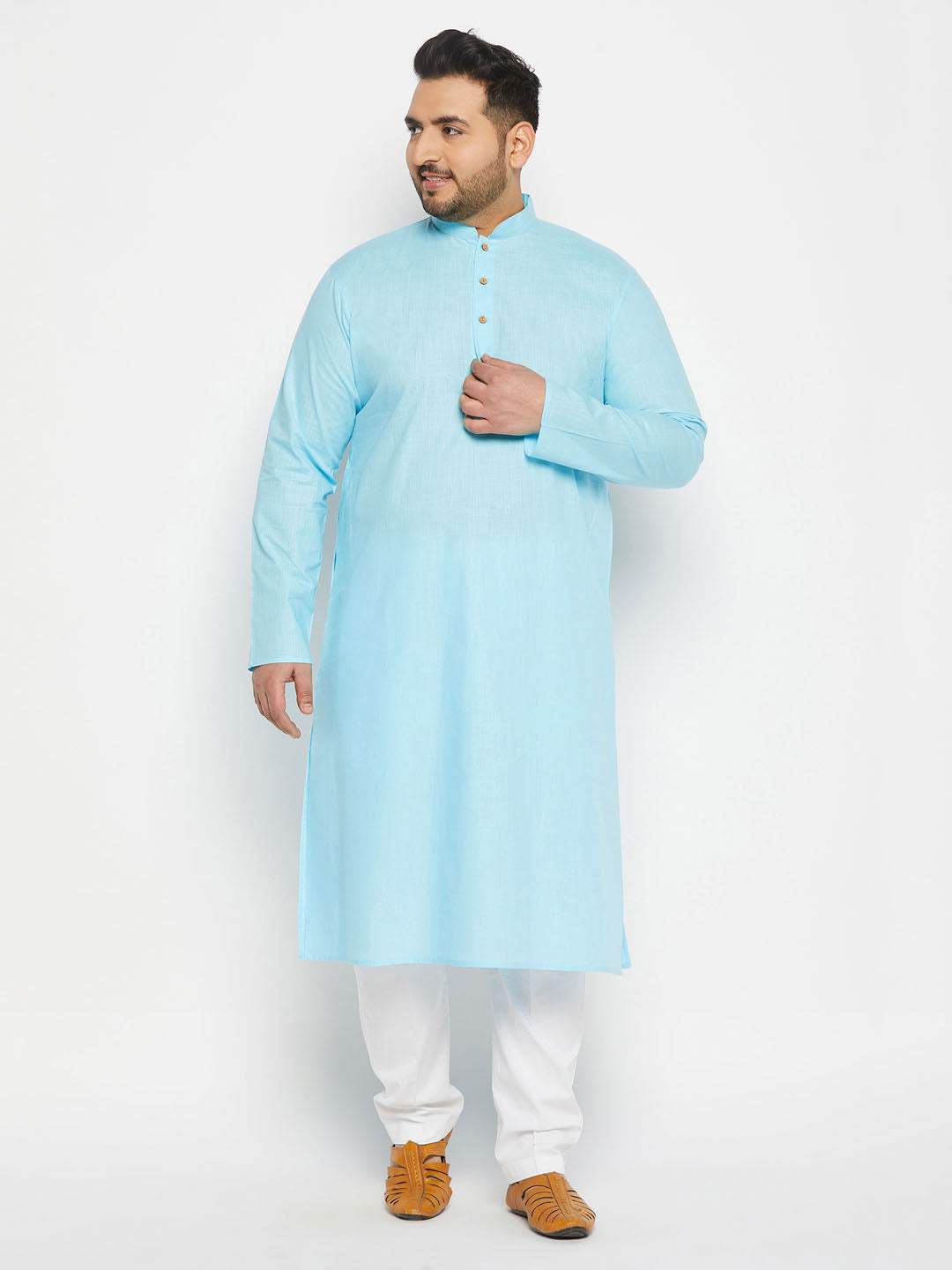 Men's Plus Size Aqua Blue Cotton Kurta And Cotton Pant Style Pyjama Set