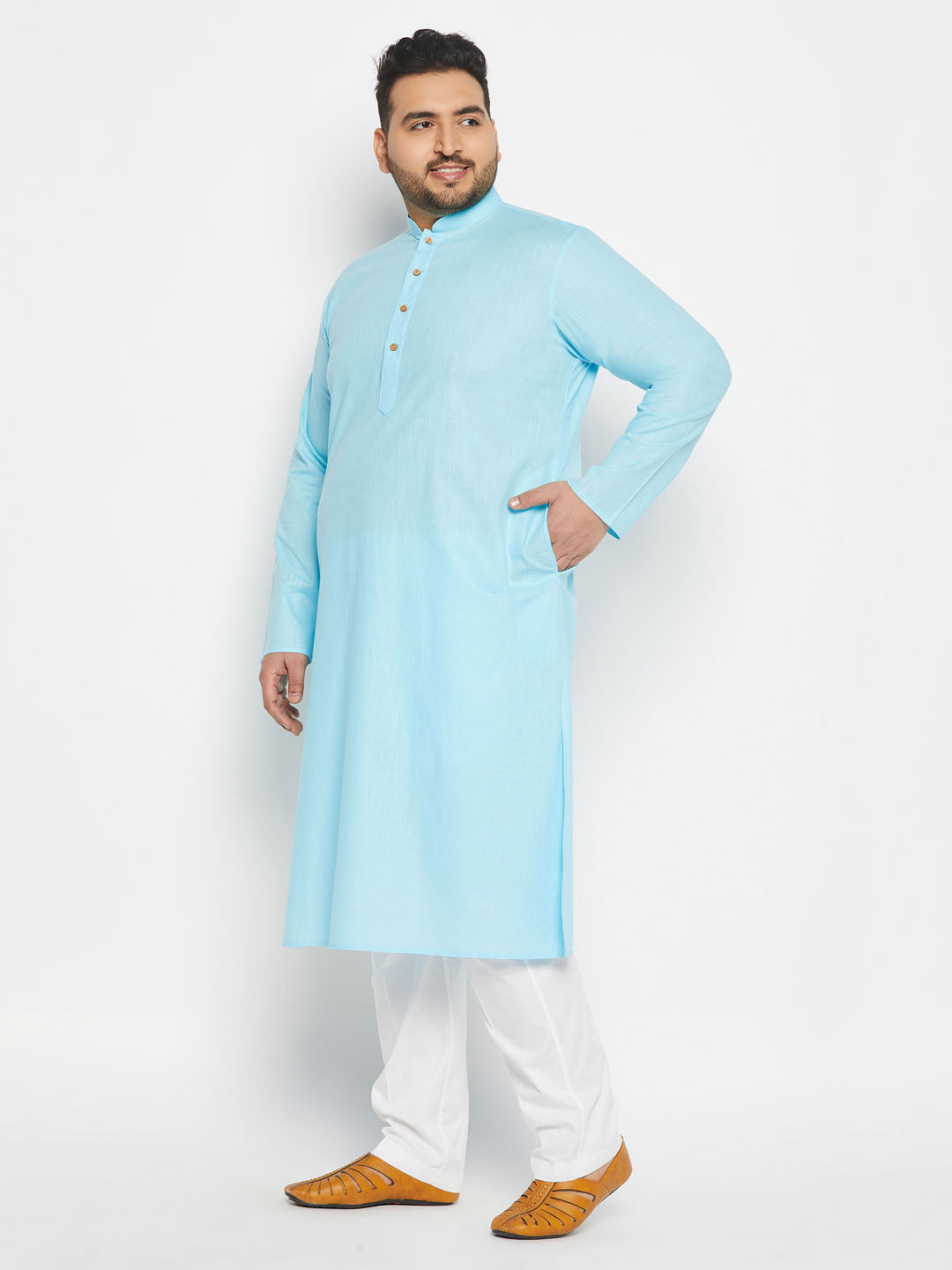 Men's Plus Size Aqua Blue Cotton Kurta And Cotton Pant Style Pyjama Set