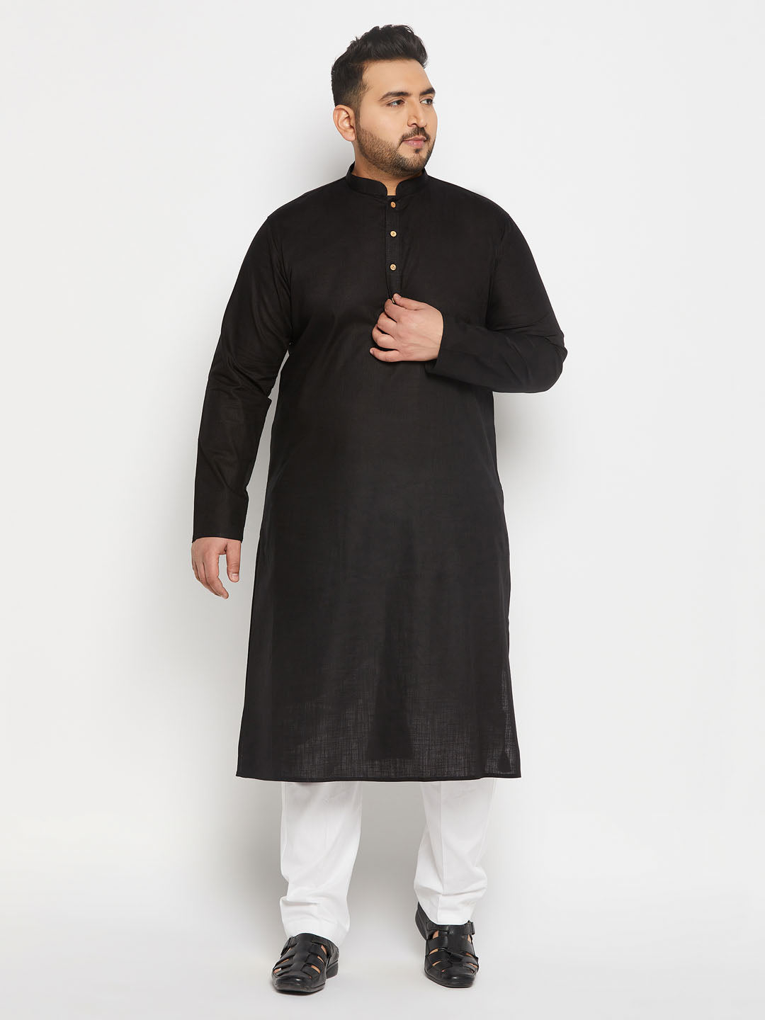 Men's Plus Size Black Cotton Kurta And Cotton Pant Style Pyjama Set