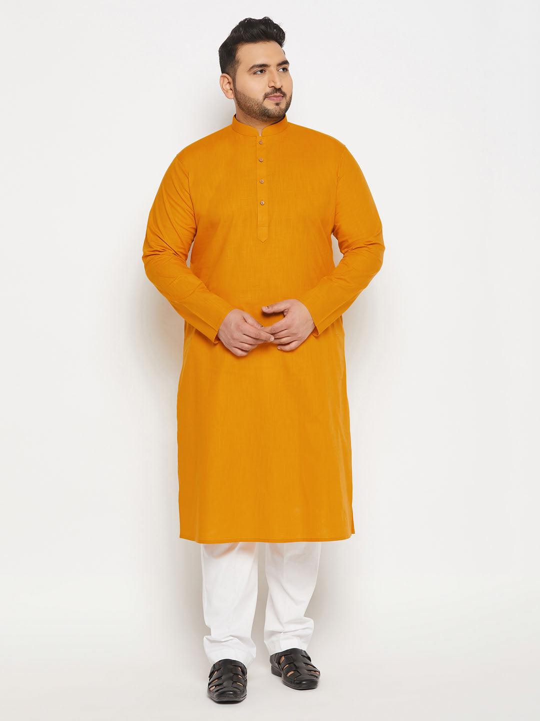 Men's Plus Size Mustard Cotton Kurta And Cotton Pant Style Pyjama Set