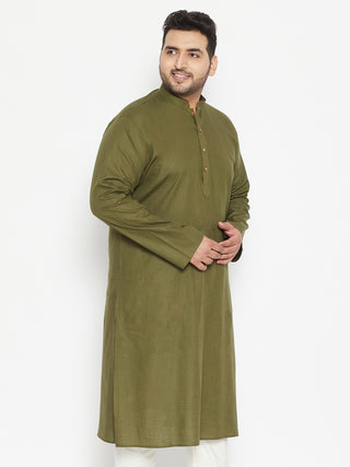 VASTRAMAY Men's Plus Size Mahendi Green Cotton Blend Kurta