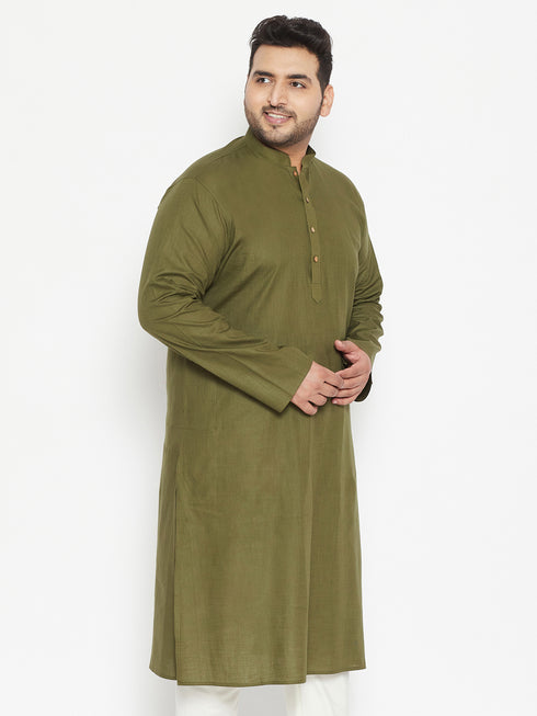 Men's Plus Size Mahendi Green Cotton Blend Kurta
