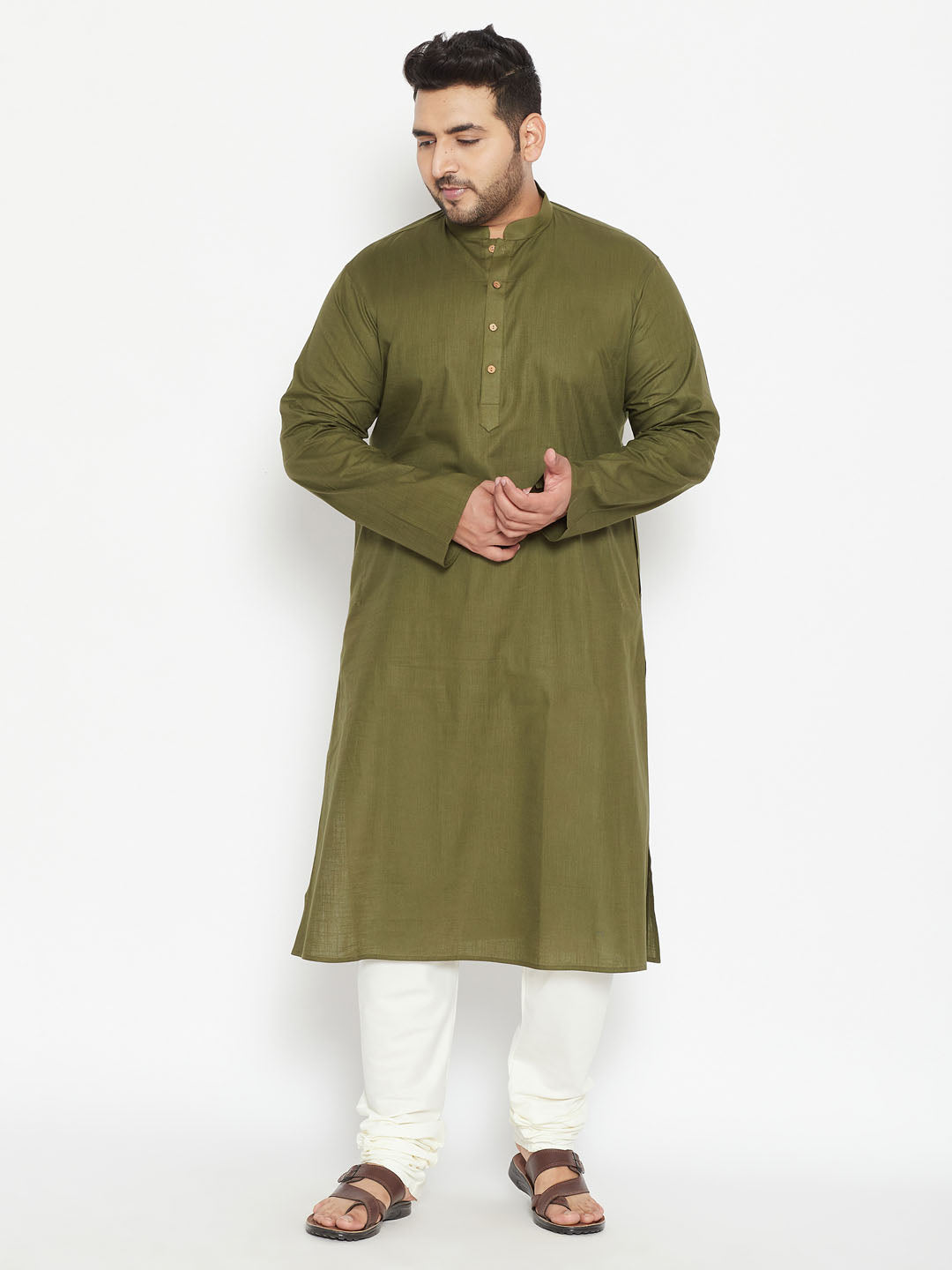 Men's Plus Size Mahendi Green Cotton Blend Kurta