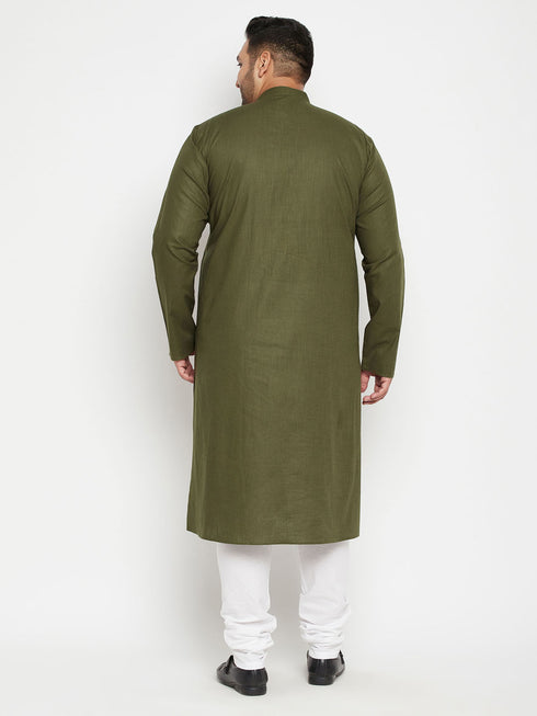 Men's Plus Size Mahendi Green And White Cotton Blend Kurta Pyjama Set