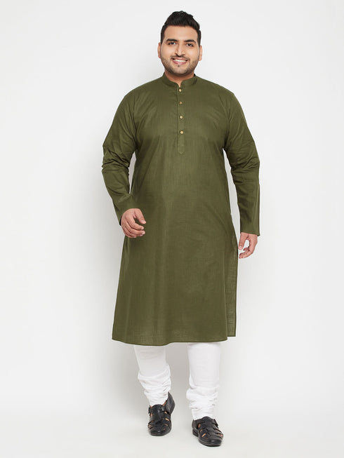 Men's Plus Size Mahendi Green And White Cotton Blend Kurta Pyjama Set