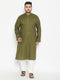 Men's Plus Size Mehendi Green And Cream Cotton Blend Kurta Pyjama Set