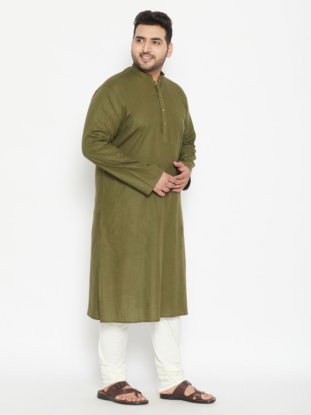 Men's Plus Size Mehendi Green And Cream Cotton Blend Kurta Pyjama Set