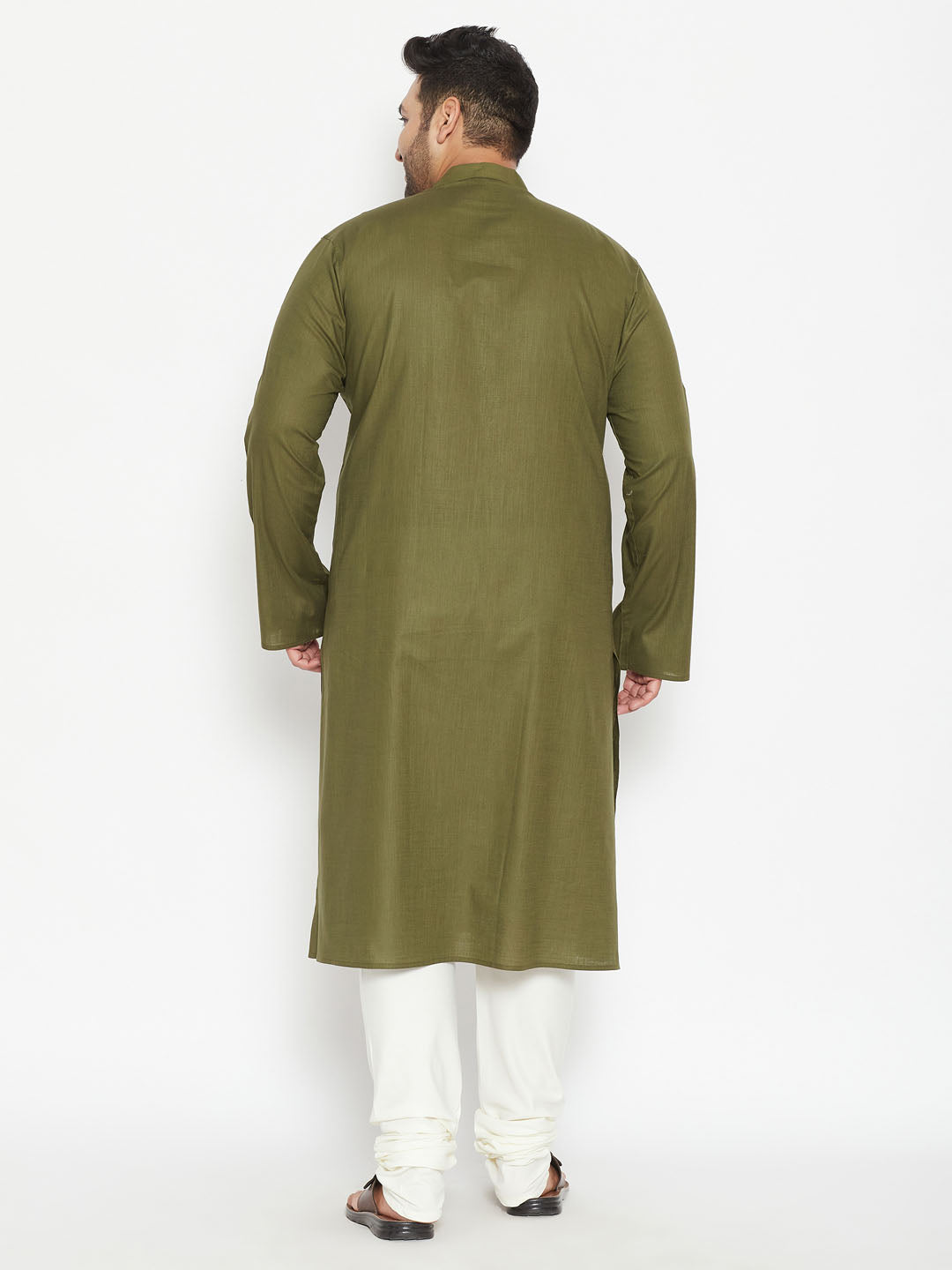 Men's Plus Size Mehendi Green And Cream Cotton Blend Kurta Pyjama Set
