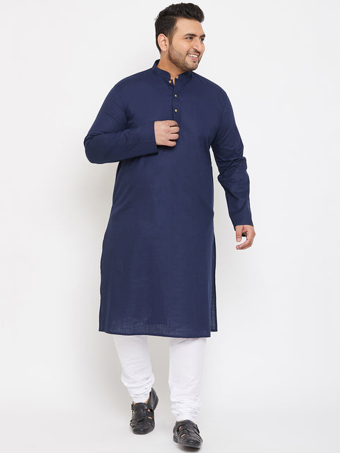 Men's Plus Size Navy Blue Cotton Kurta And Pyjama Set
