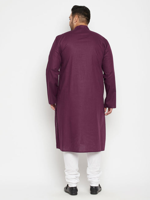 Men's Plus Size Purple And White Cotton Blend Kurta Pyjama Set