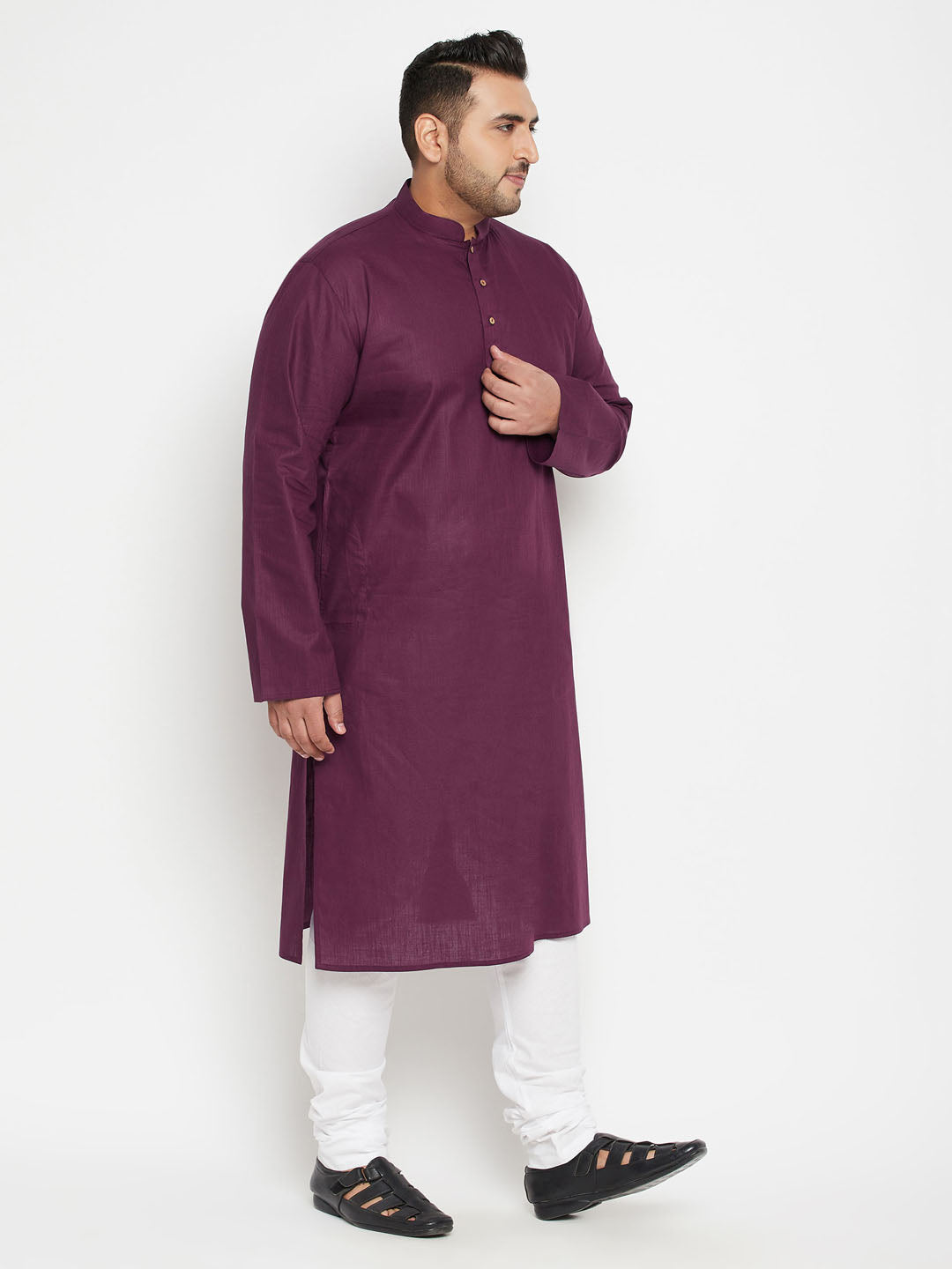 Men's Plus Size Purple And White Cotton Blend Kurta Pyjama Set