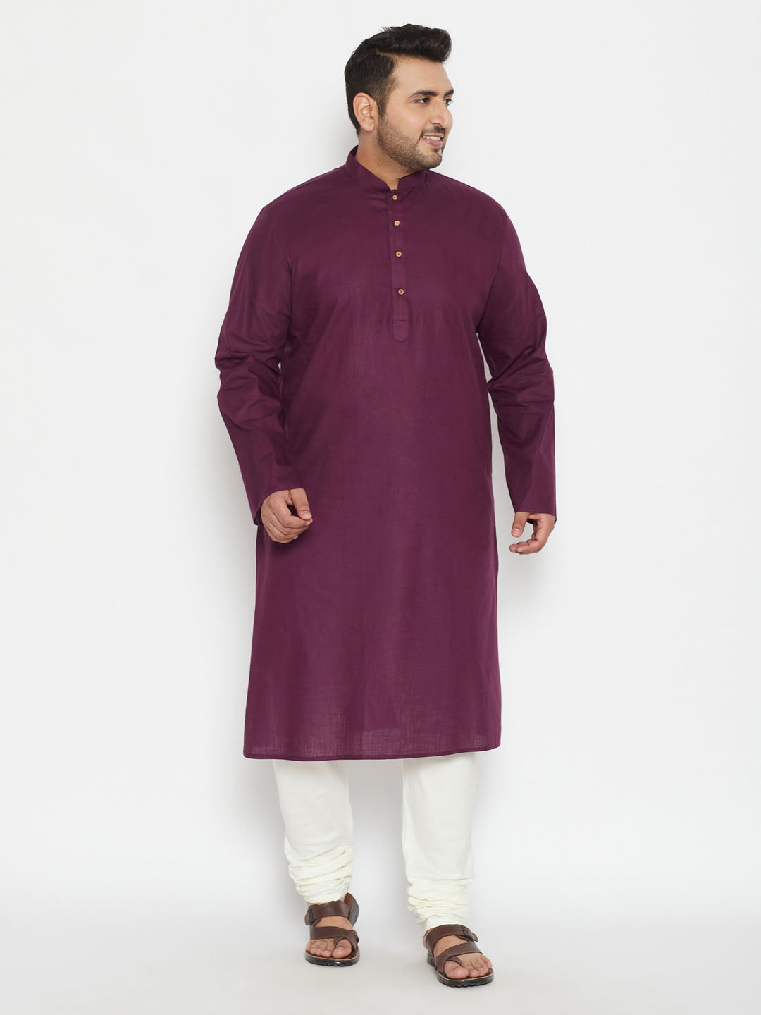 Men's Plus Size Purple And Cream Cotton Blend Kurta Pyjama Set