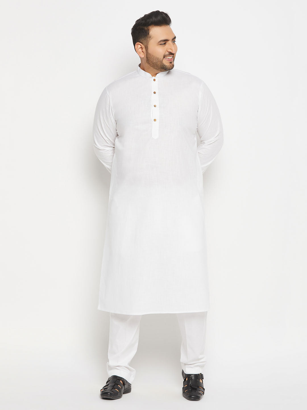 Men's Plus Size White Cotton Kurta And Cotton Pant Style Pyjama Set