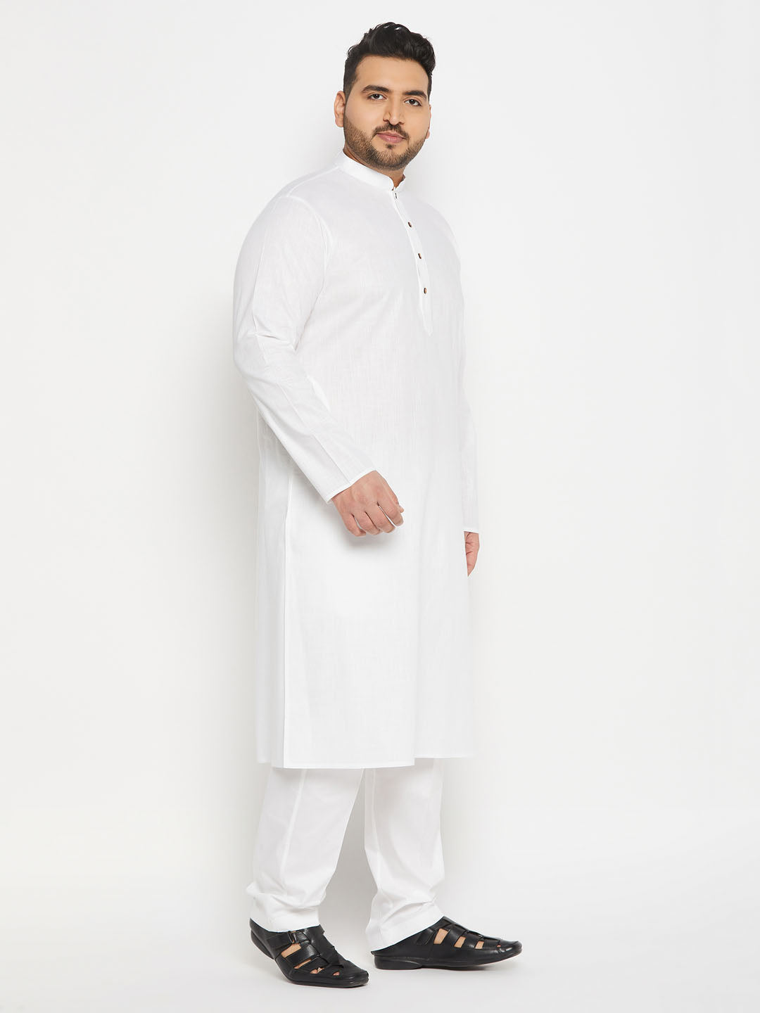 Men's Plus Size White Cotton Kurta And Cotton Pant Style Pyjama Set
