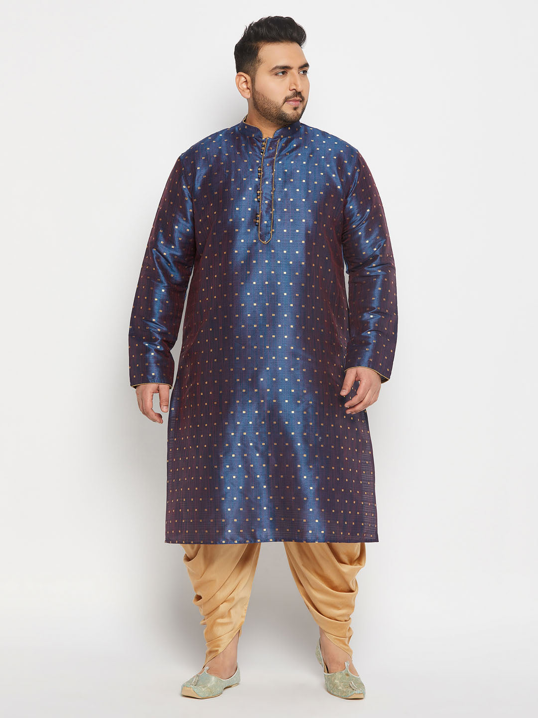 Men's Plus Size Navy Blue Zari Weaved Kurta Dhoti Set