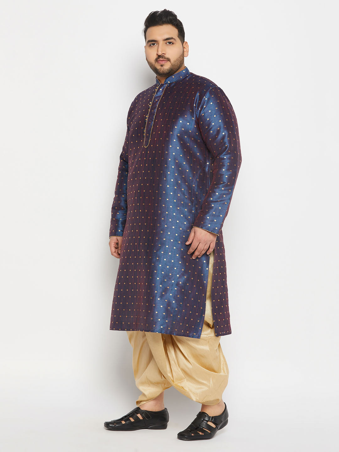 Men's Plus Size Navy Blue Zari Weaved Kurta Dhoti Set