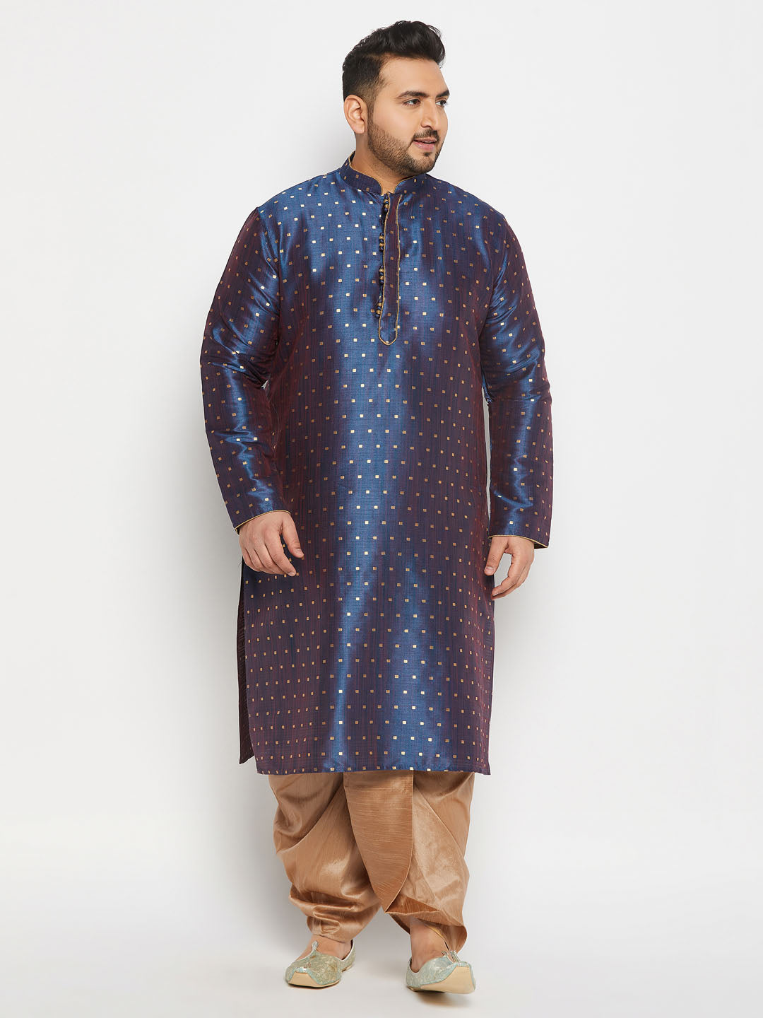 Men's Plus Size Navy Blue Zari Weaved Kurta Dhoti Set