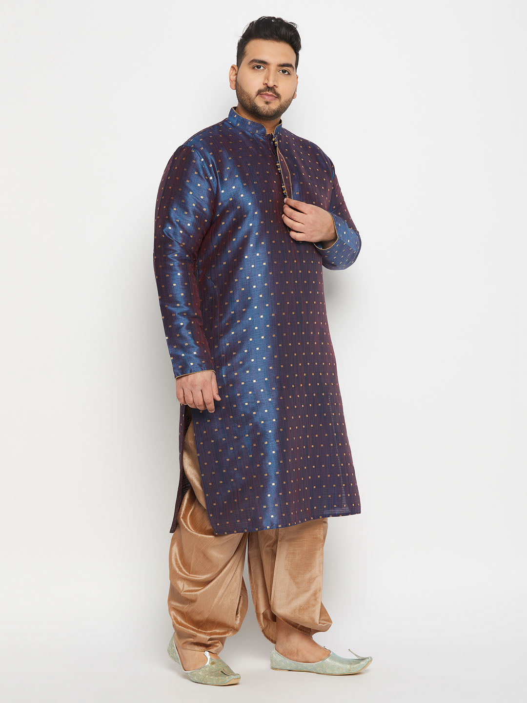 Men's Plus Size Navy Blue Zari Weaved Kurta Dhoti Set