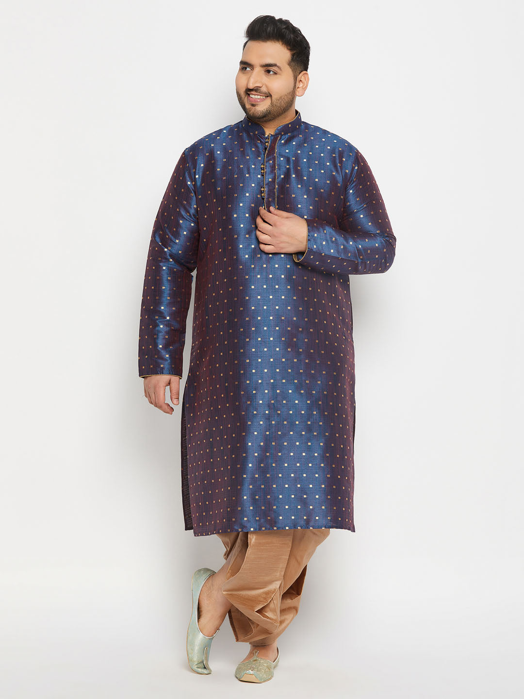 Men's Plus Size Navy Blue Zari Weaved Kurta Dhoti Set
