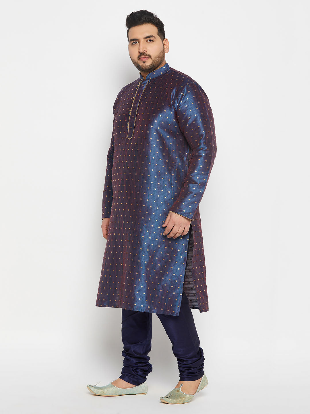 Men's Plus Size Navy Blue Zari Weaved Kurta Pyjama Set