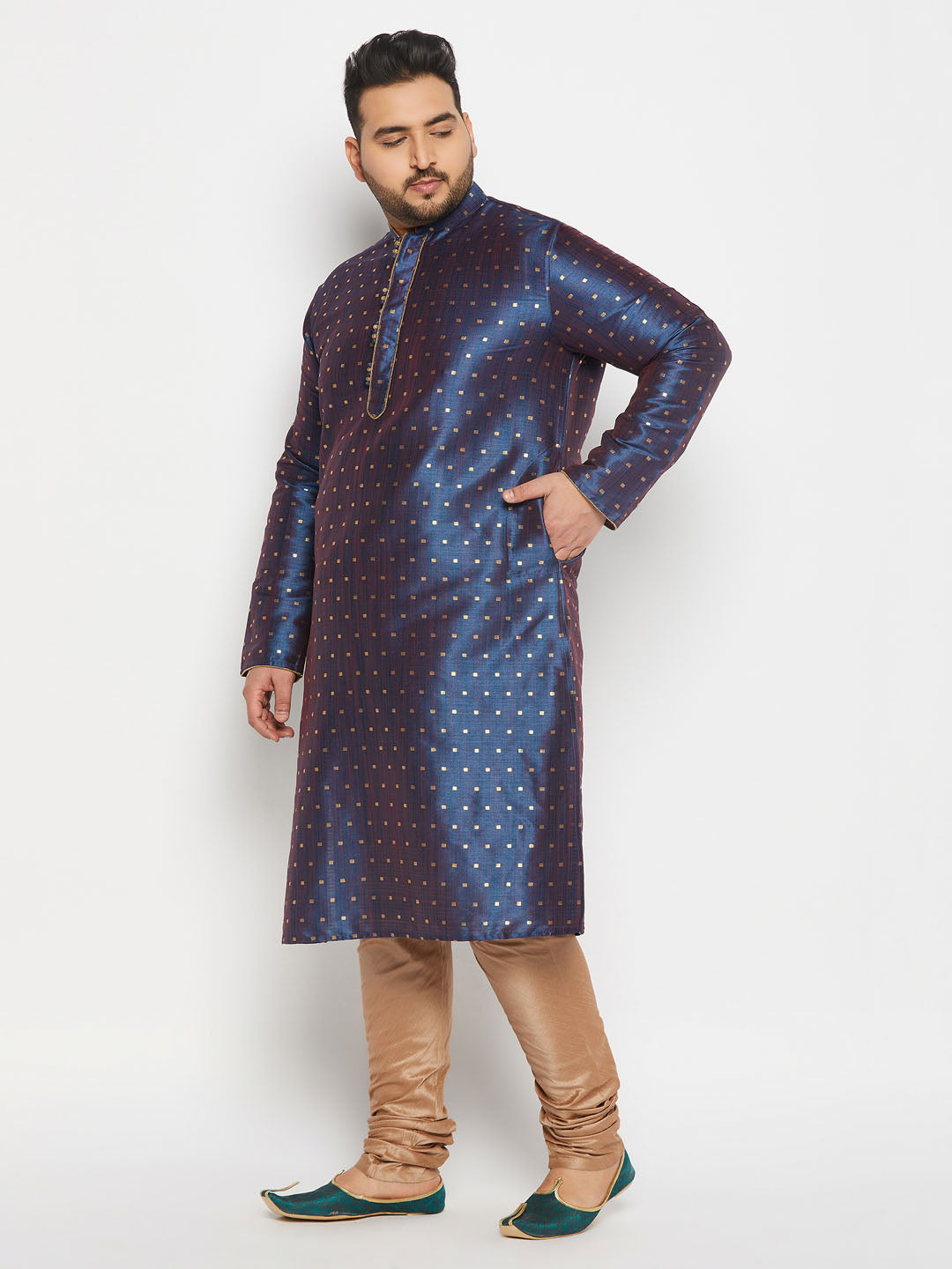 Men's Plus Size Navy Blue Zari Weaved Kurta Pyjama Set