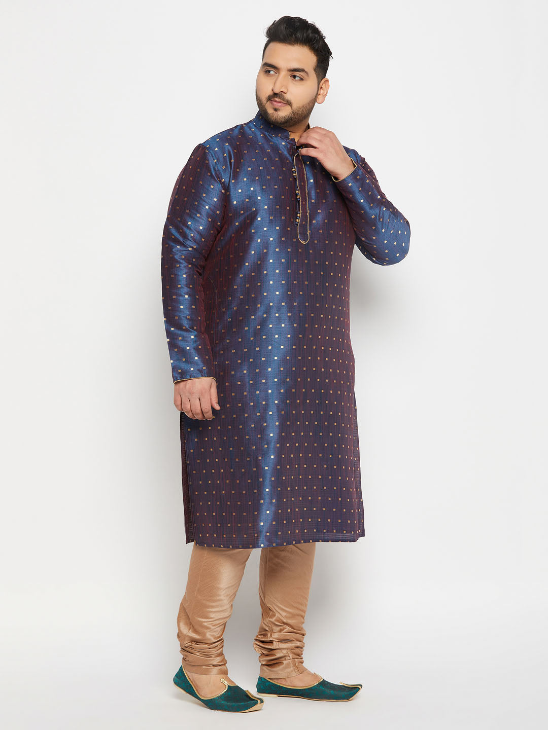 Men's Plus Size Navy Blue Zari Weaved Kurta Pyjama Set