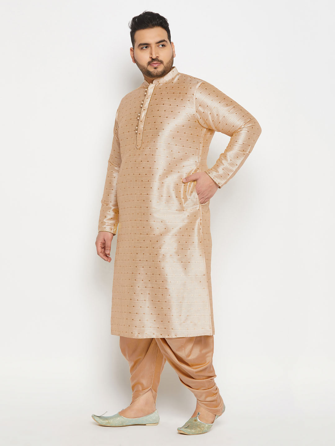 Men's Plus Size Gold Zari Weaved Kurta Dhoti Set
