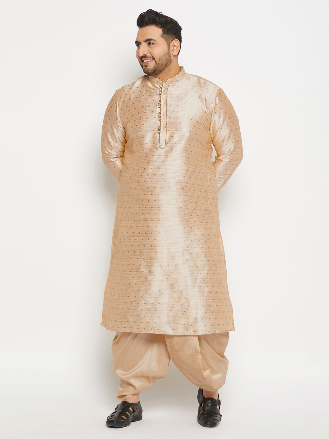 Men's Plus Size Gold Zari Weaved Kurta Dhoti Set