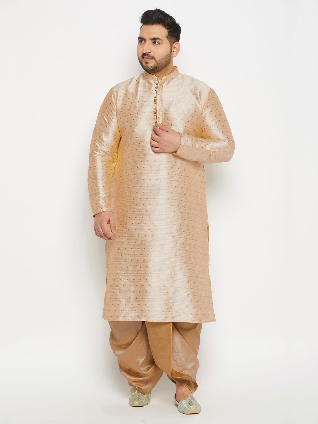 Men's Plus Size Gold Zari Weaved Kurta Dhoti Set