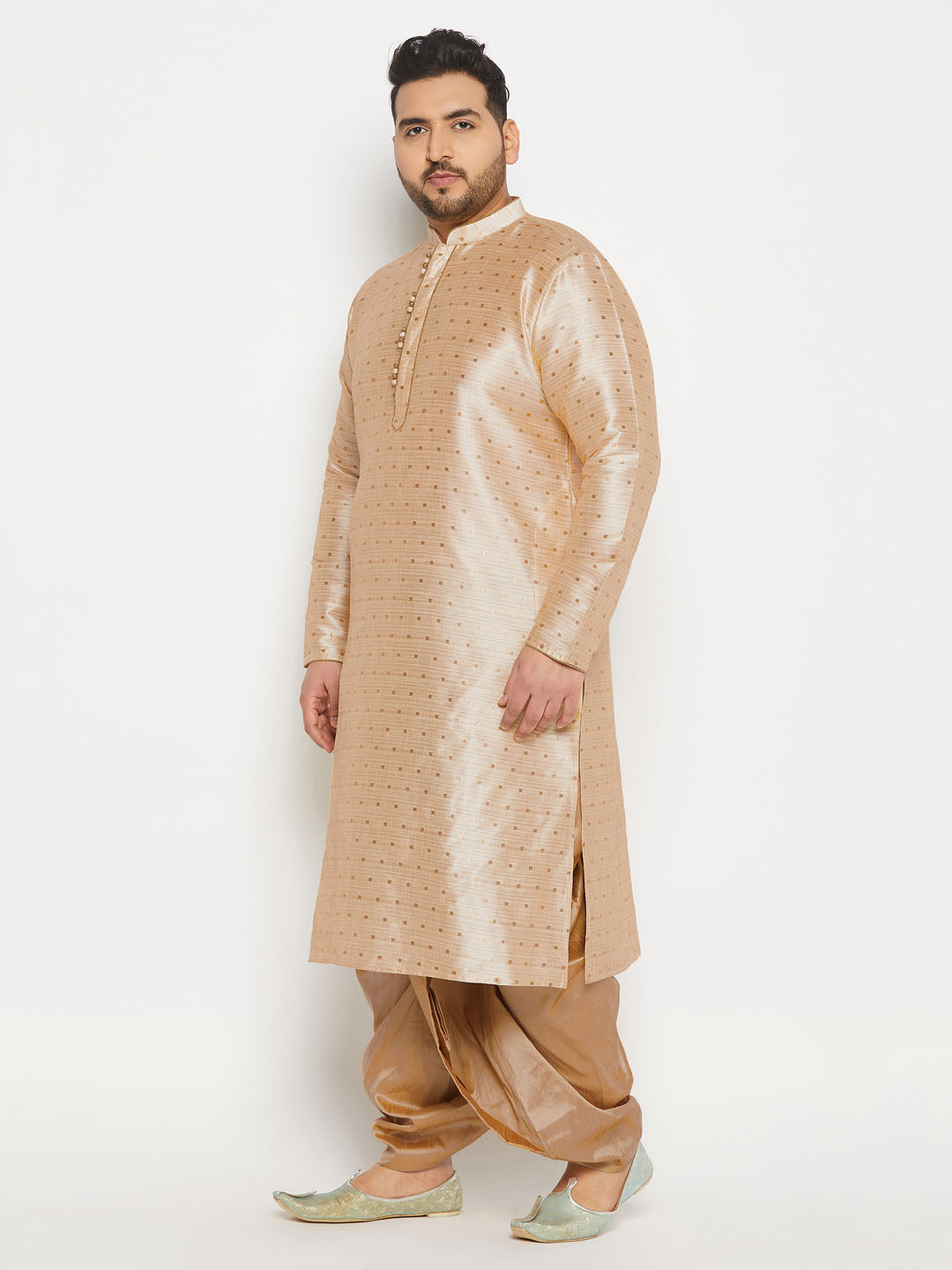 Men's Plus Size Gold Zari Weaved Kurta Dhoti Set
