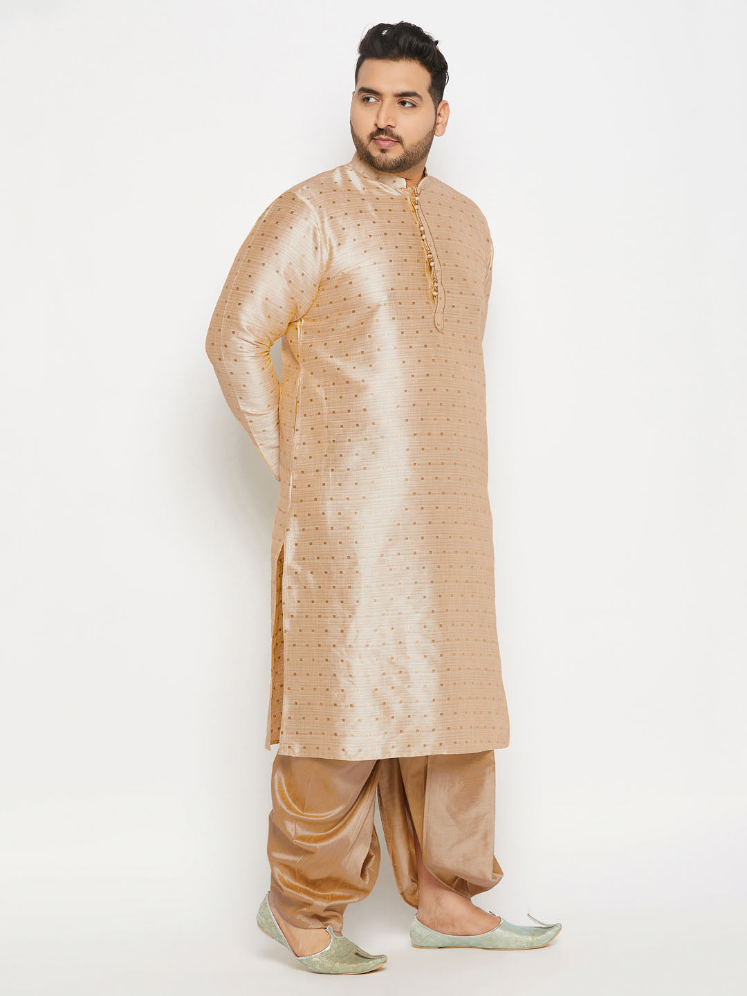Men's Plus Size Gold Zari Weaved Kurta Dhoti Set