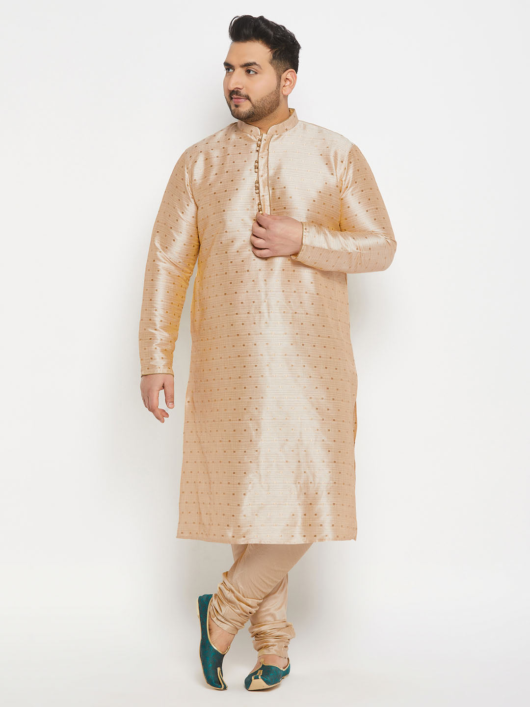 Men's Plus Size Gold Zari Weaved Kurta Pyjama Set