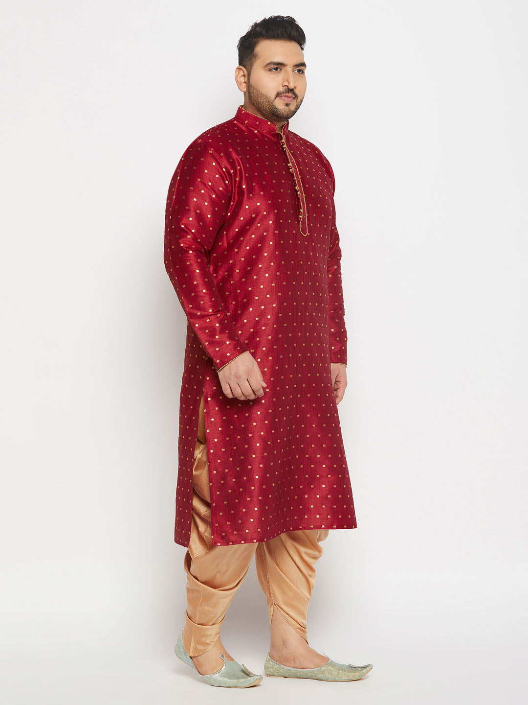 Men's Plus Size Maroon Zari Weaved Kurta Dhoti Set