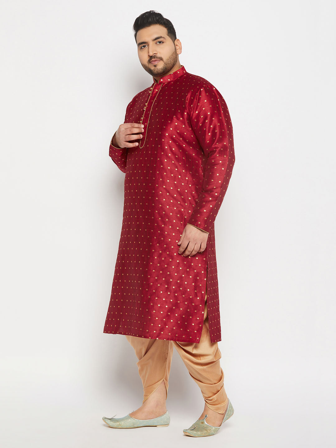 Men's Plus Size Maroon Zari Weaved Kurta Dhoti Set