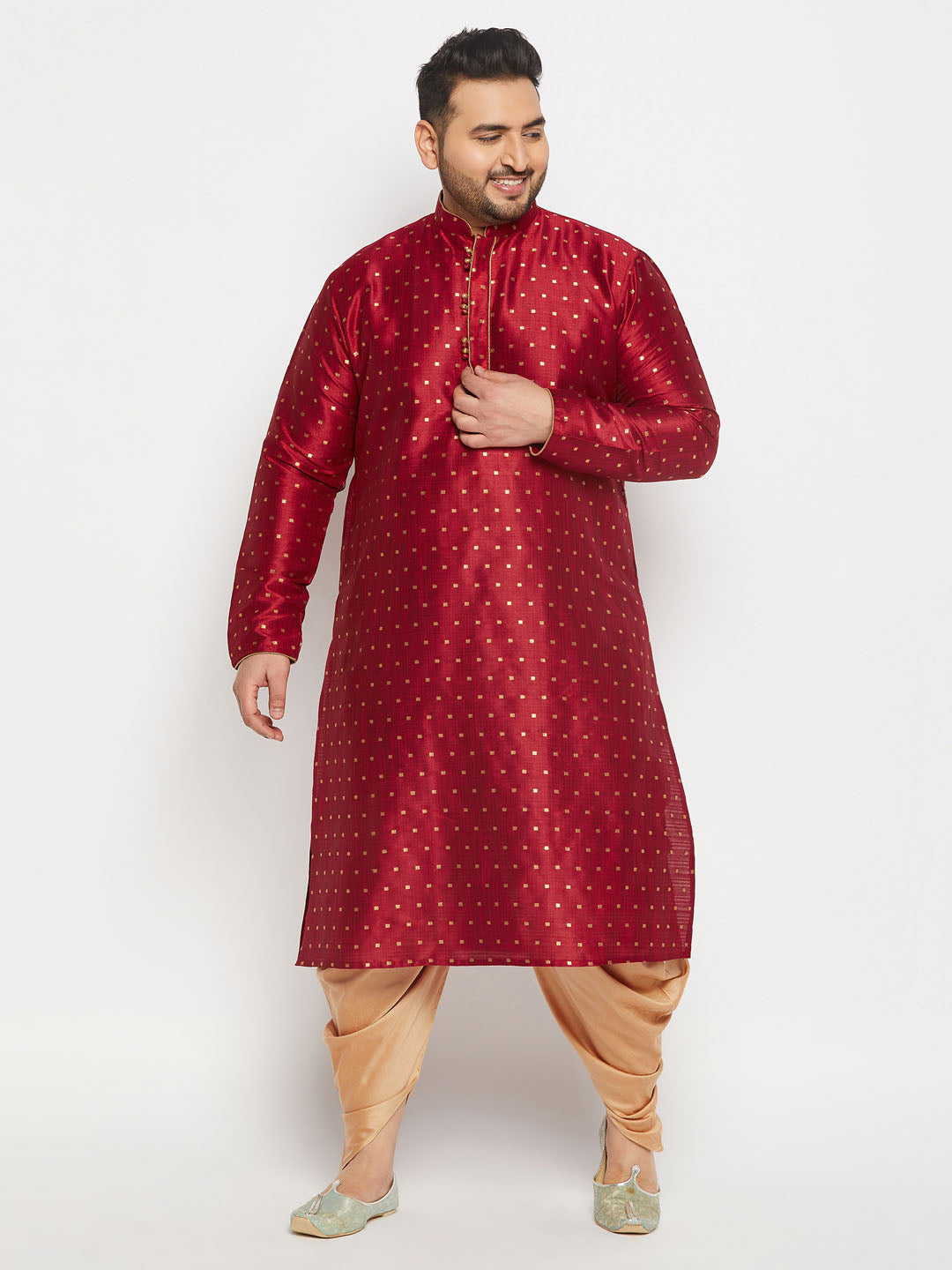 Men's Plus Size Maroon Zari Weaved Kurta Dhoti Set