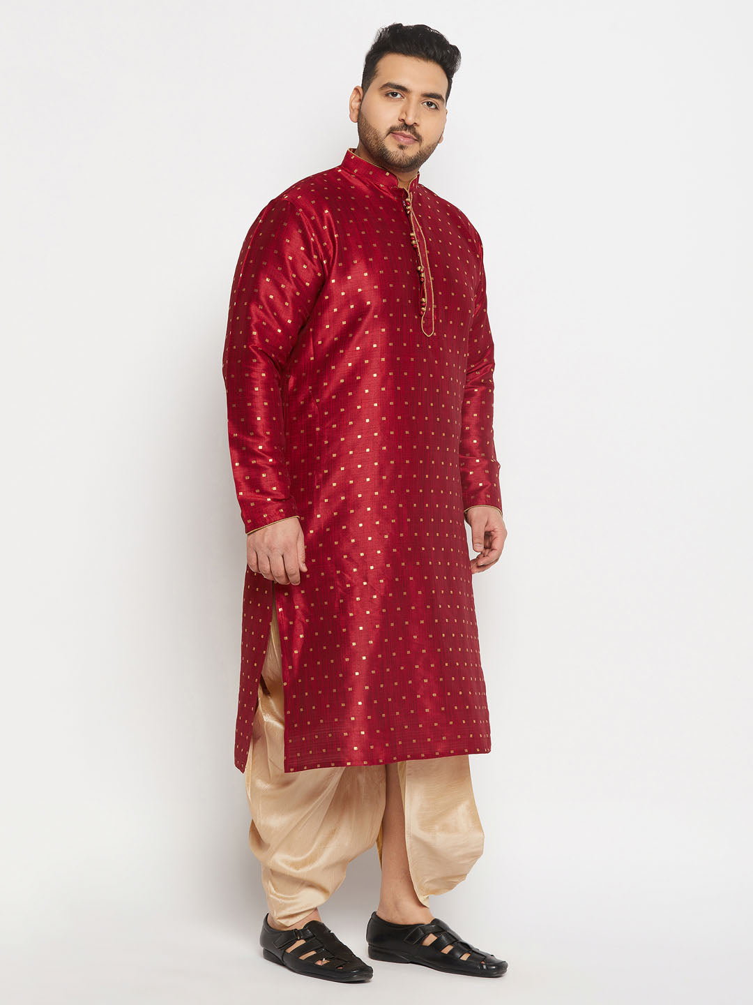 Men's Plus Size Maroon Zari Weaved Kurta Dhoti Set