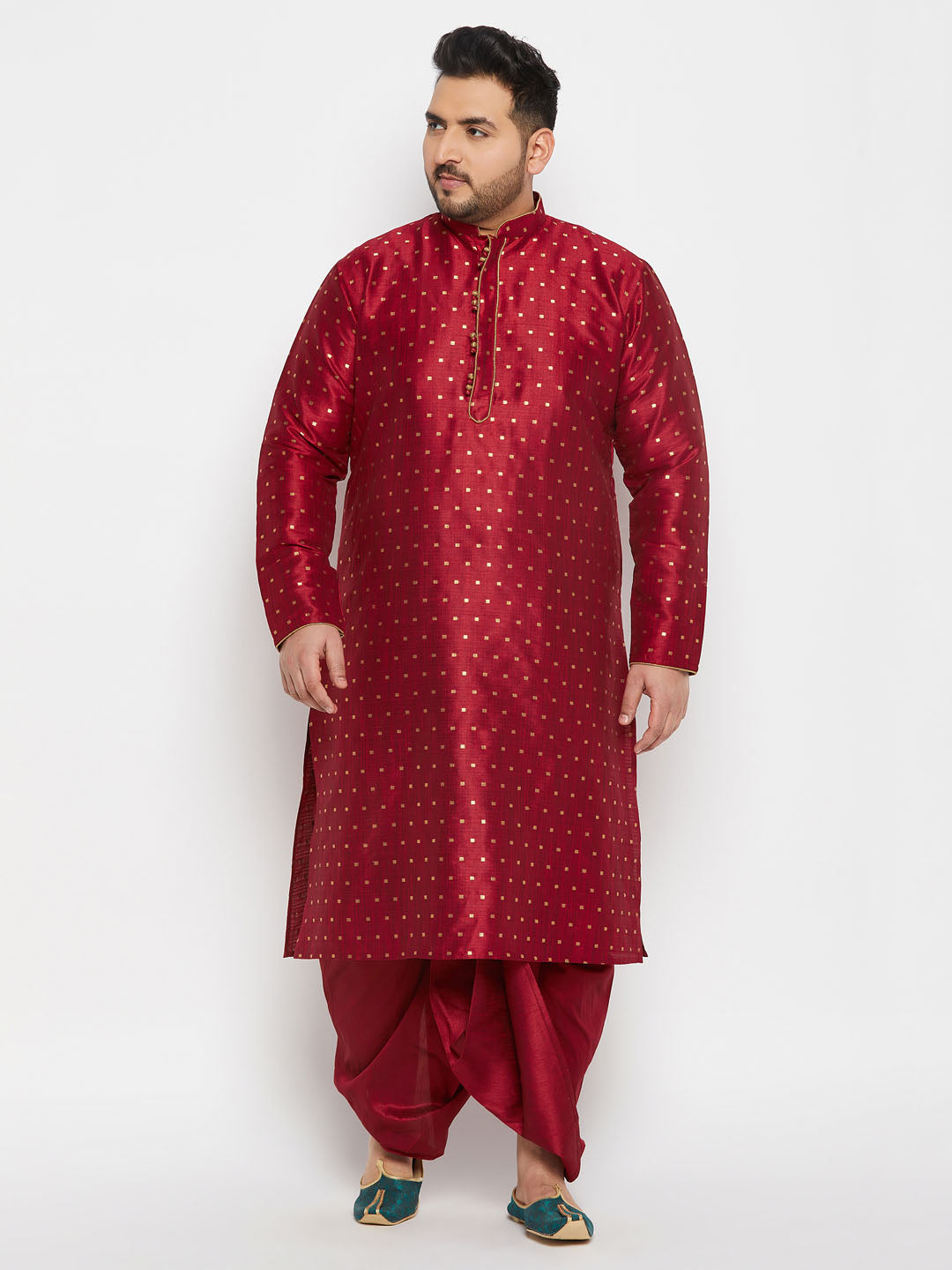 Men's Plus Size Maroon Zari Weaved Kurta Dhoti Set