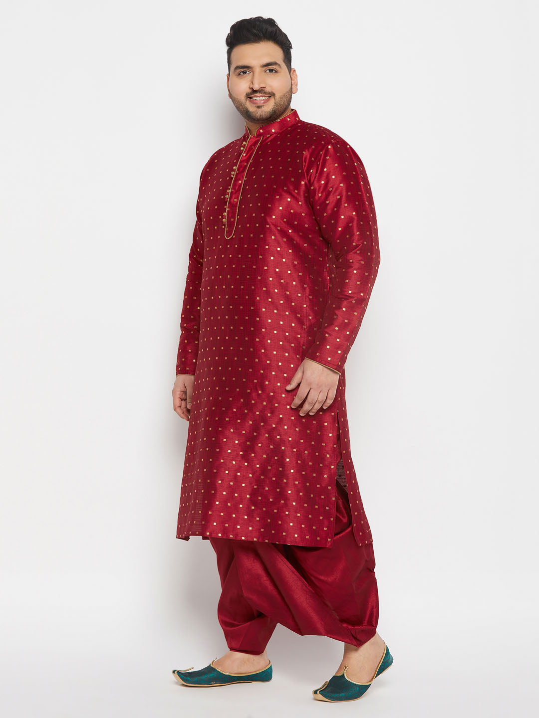 Men's Plus Size Maroon Zari Weaved Kurta Dhoti Set