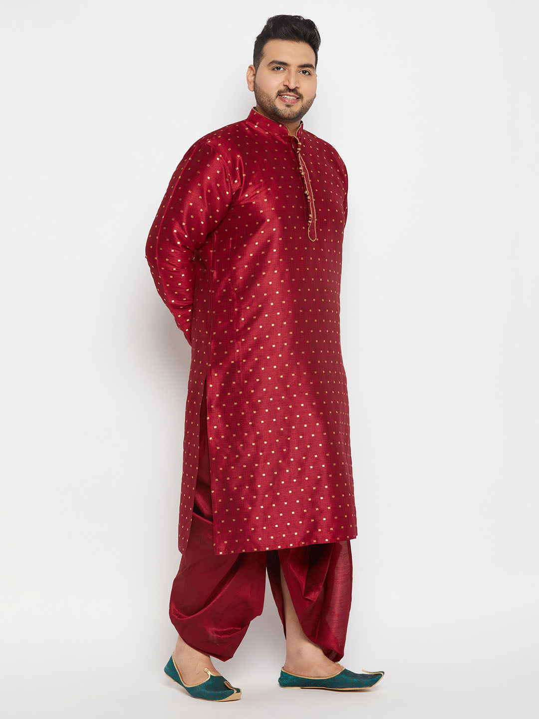 Men's Plus Size Maroon Zari Weaved Kurta Dhoti Set