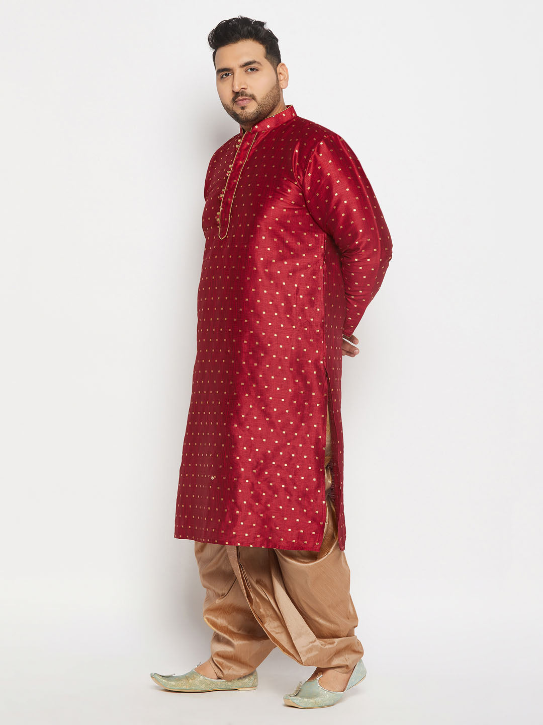 Men's Plus Size Maroon Zari Weaved Kurta Dhoti Set
