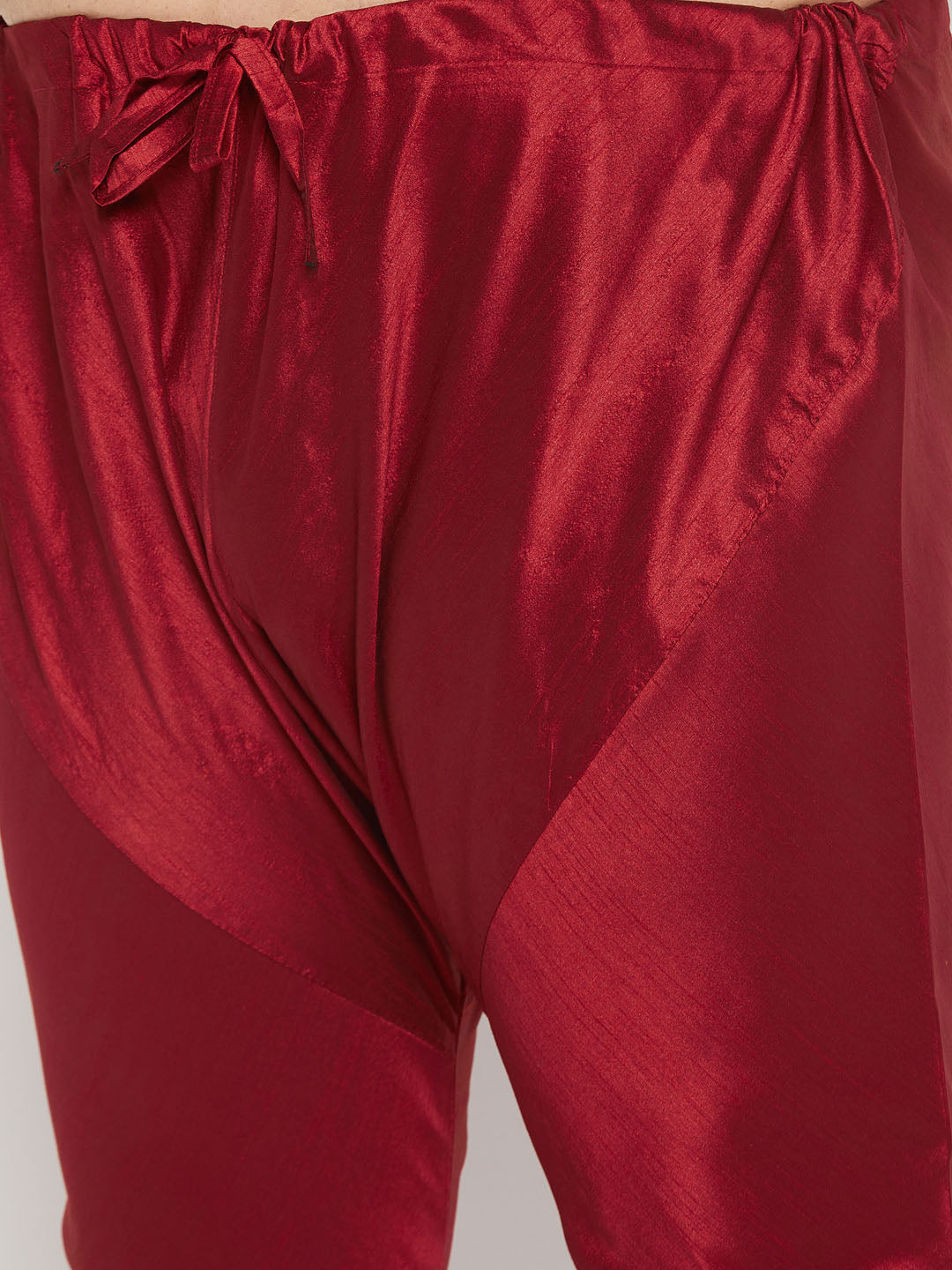 Men's Plus Size Maroon Zari Weaved Kurta Pyjama Set