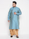 Men's Plus Size Aqua Blue Woven Kurta And Rose Gold Dhoti Set