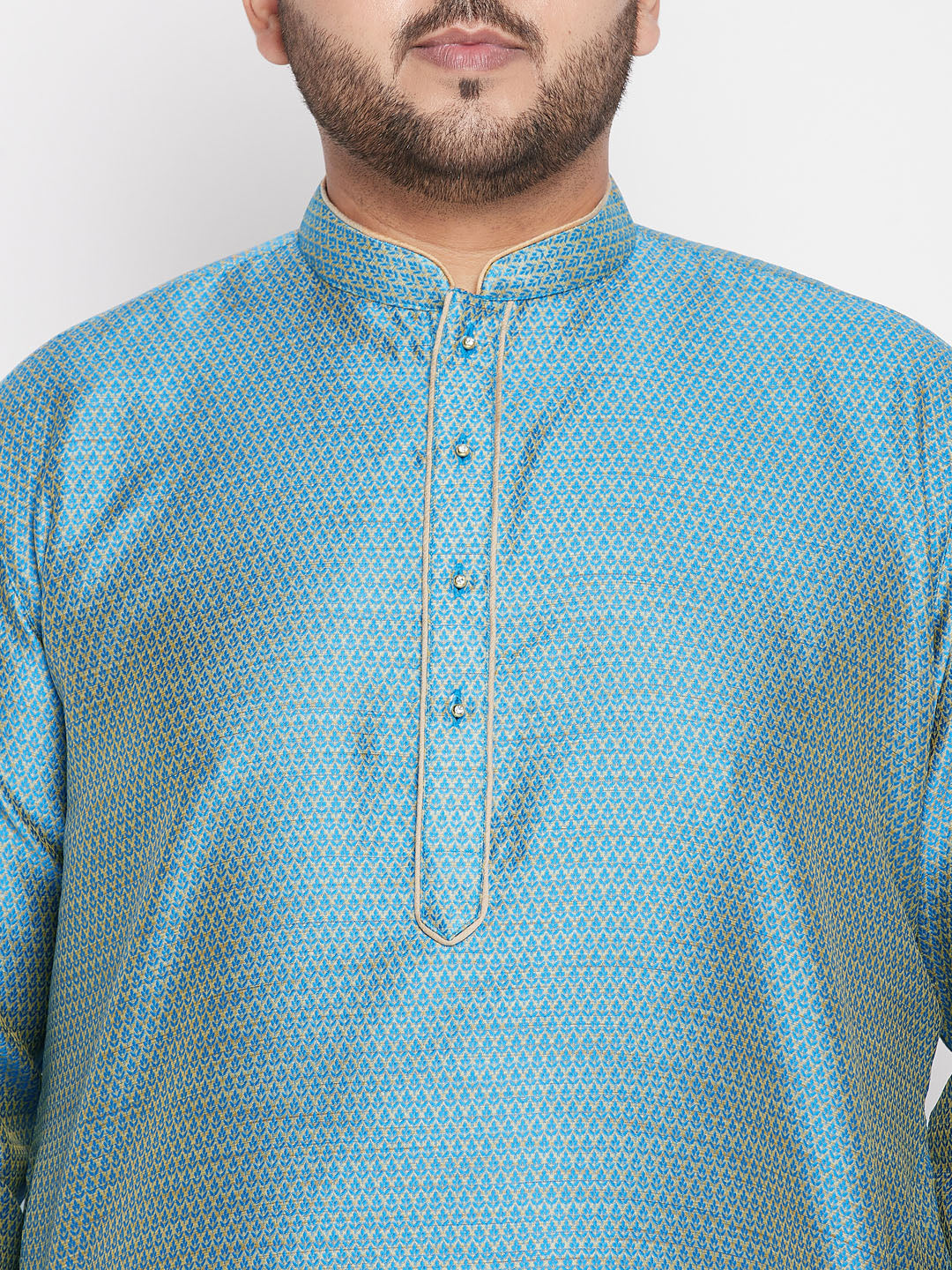 Men's Plus Size Aqua Blue Woven Kurta And Rose Gold Dhoti Set