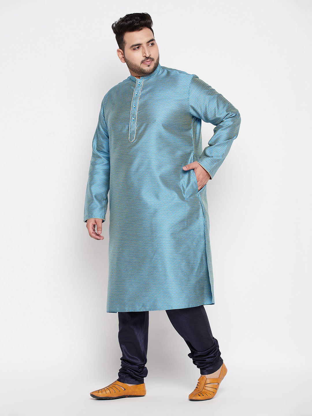Men's Plus Size Aqua Blue Woven Kurta And Navy Blue Pyjama Set